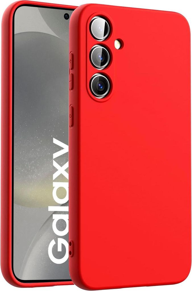 A red phone case is shown with a phone inside, displaying the word 'Galaxy'.