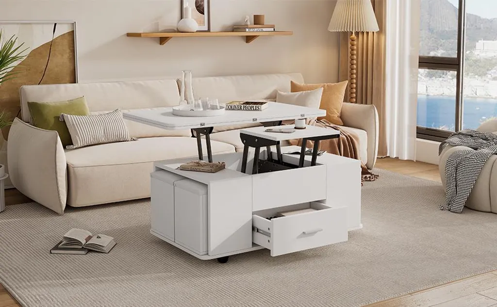Sweiko Table Basse Réglable en Hauteur et Mobile avec 4 Tabourets Blanc - 18