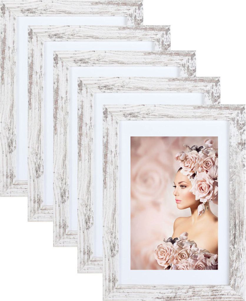5er Pack Holz Bilderrahmen Foto Plexi Rahmen Acryl Collage Wanddeko Poster S215 - Farbe: Shabby-Weiß | Format: 50x70