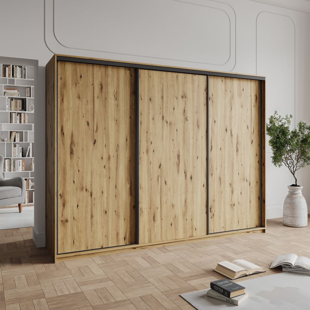 Masseno Schiebetürenschrank NISSE 270/205/60 cm Kleiderschrank mit Schubladen Schlafzimmer Schrank 3-türig Eiche Artisan + Schwarz