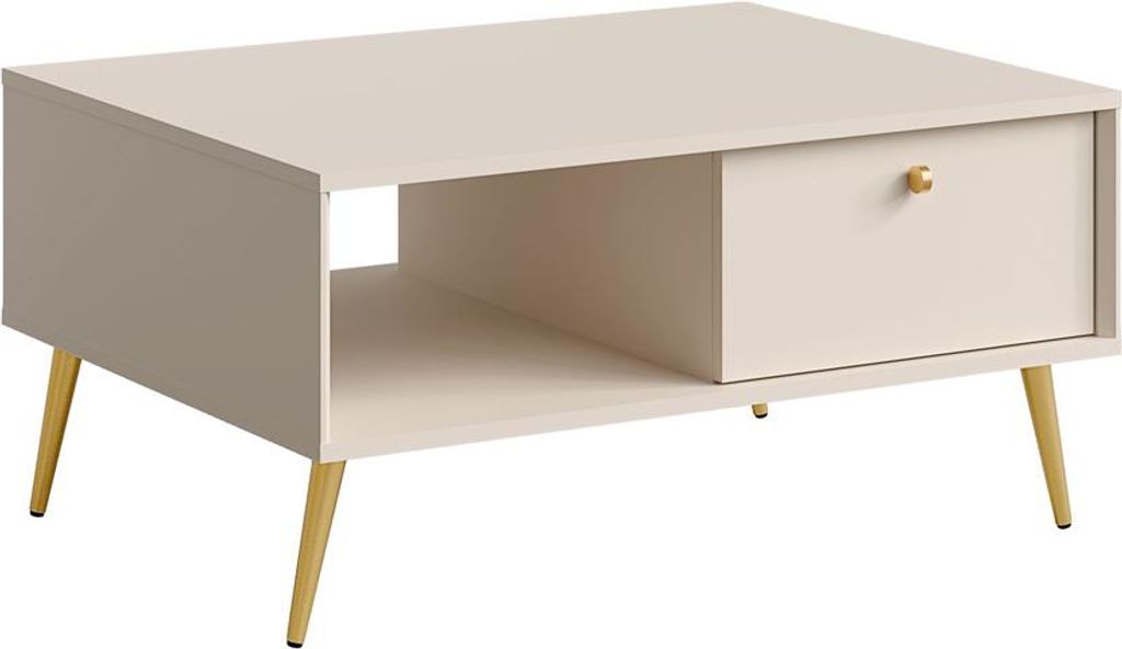 Couchtisch 87 cm breit beige, goldene Füße & Griffe, 1 Klappe RIPLEY-166