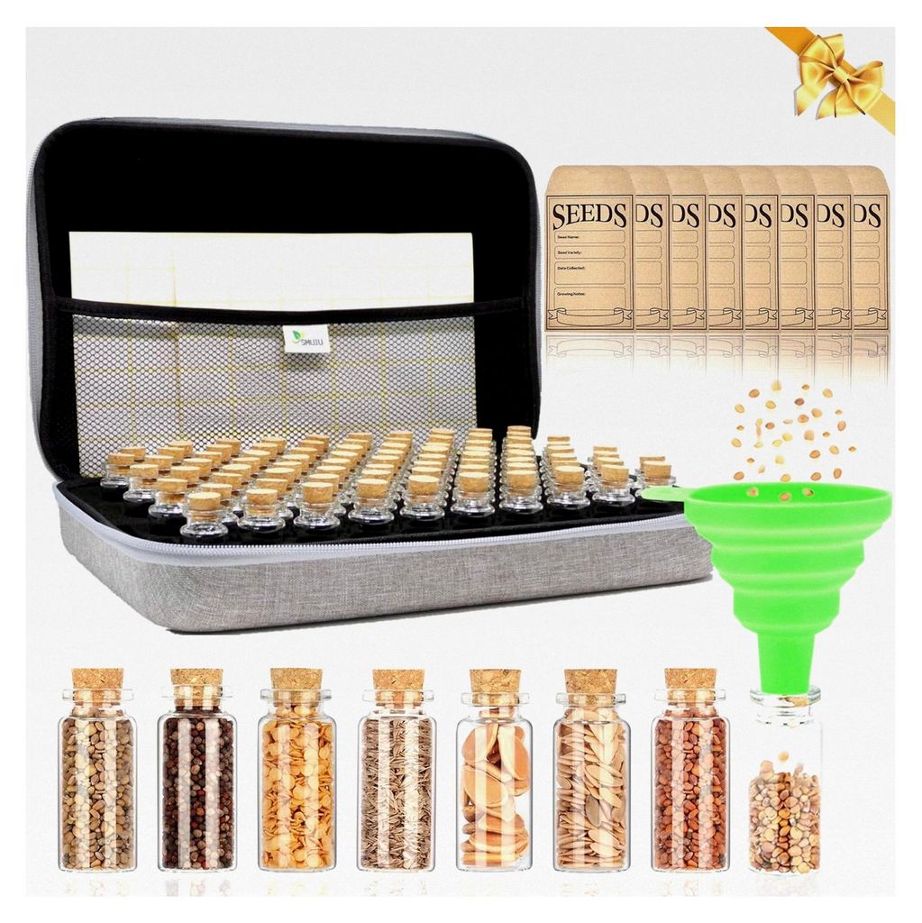 Saatgut Aufbewahrungsbox mit 80 Fächern und 40 Samentütchen, Lagerung von Saatgut mit Etiketten und Trichter, Samen Organizer