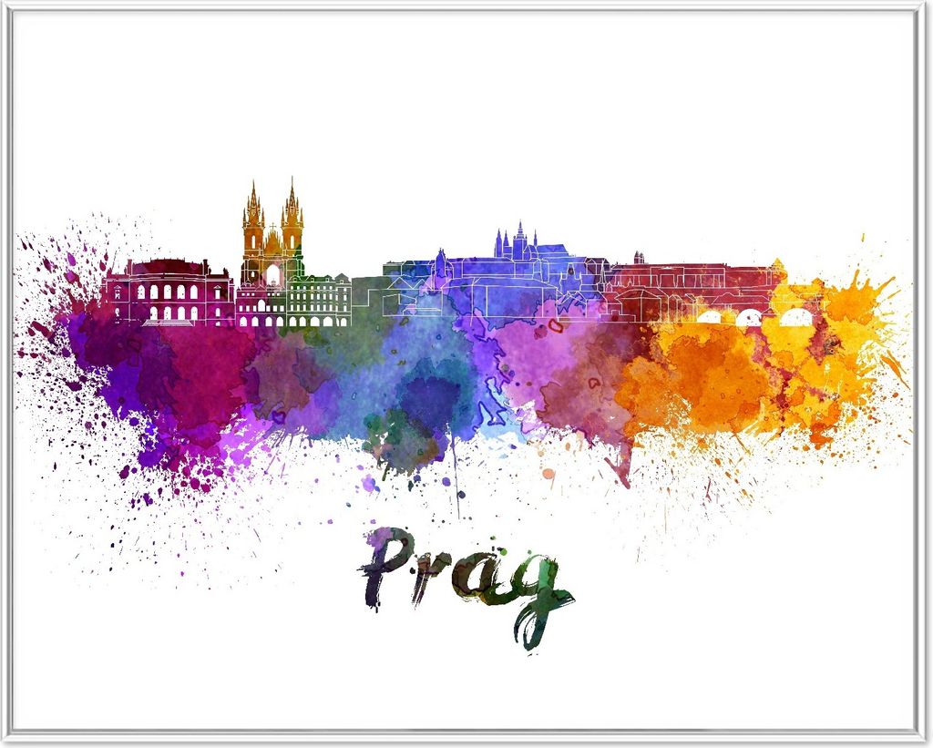 Wallario Wandbild Städte als Aquarell - Skyline von Prag, Größe: 40,30 x 50,30 cm, Poster mit weißem Aluminiumrahmen