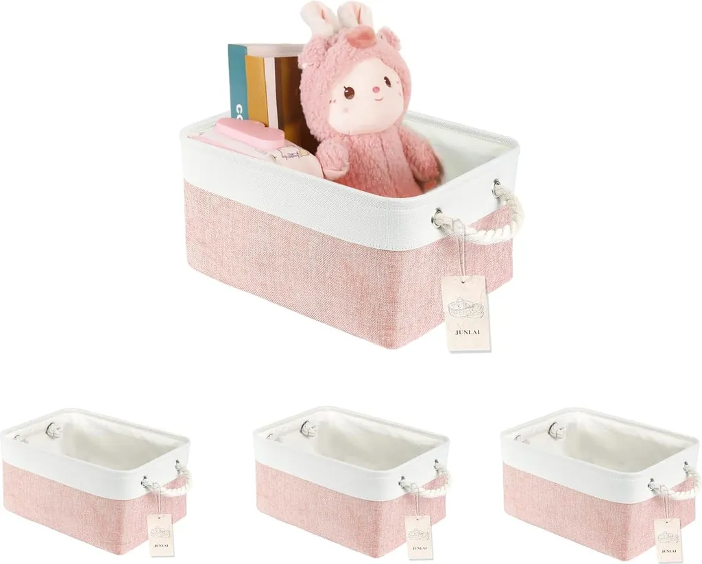 Lot de 4 paniers de rangement en tissu pliables rose et blanc - Moyen