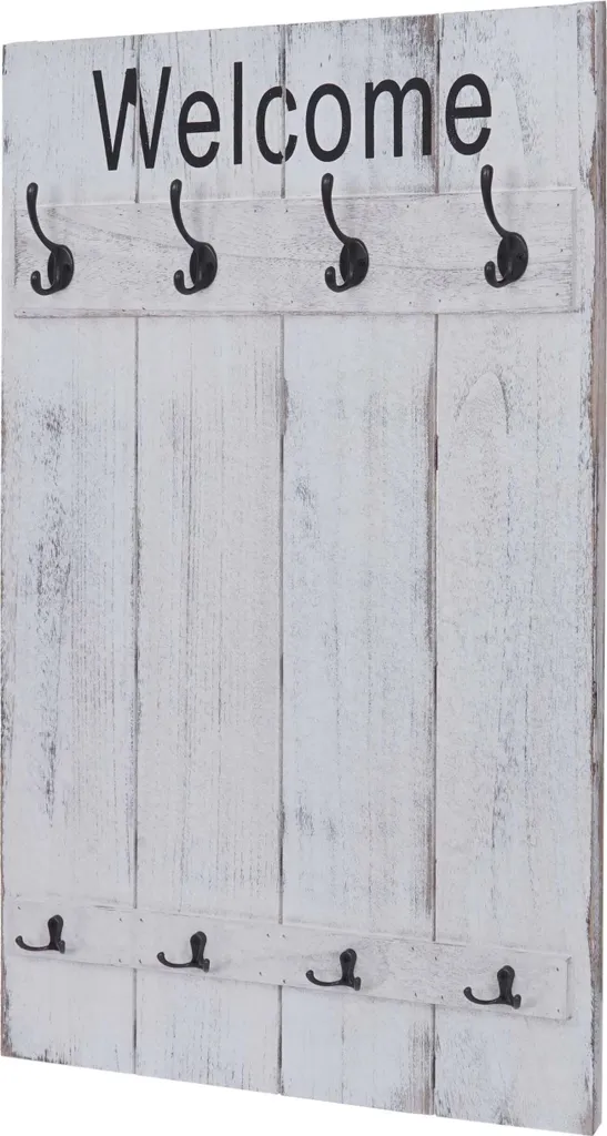Appendiabiti a parete HWC-C89 Welcome, appendiabiti, pannello appendiabiti, look shabby vintage, 91x60cm ~ bianco, shabby