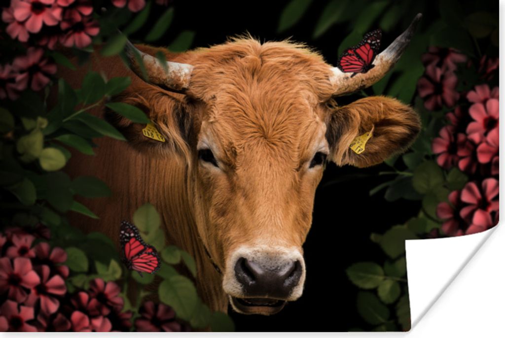 MuchoWow Poster Kuh - Blumen - Tiere - Braun 90x60 cm - Schlafzimmer