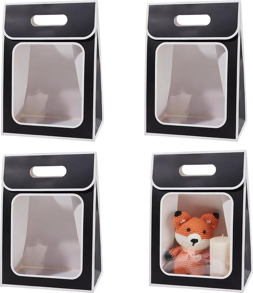 12 Stück Kraftpapiertüten mit Fenster - aufrechte Papiertüte mit Handgriffen - 215 x 13 x 30 cm - faltbare Tasche für Süßigkeiten - Verpackun...