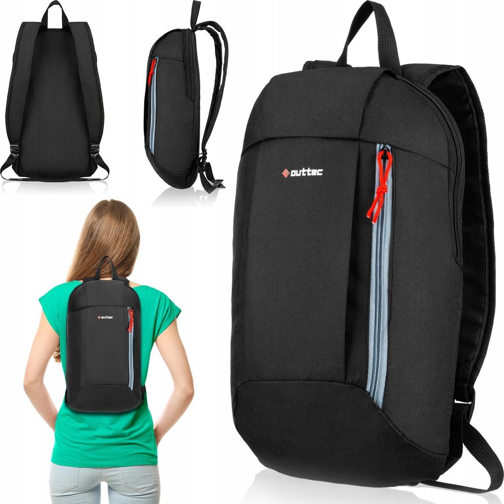 Collage of a black backpack shown from different angles, including a woman wearing it.