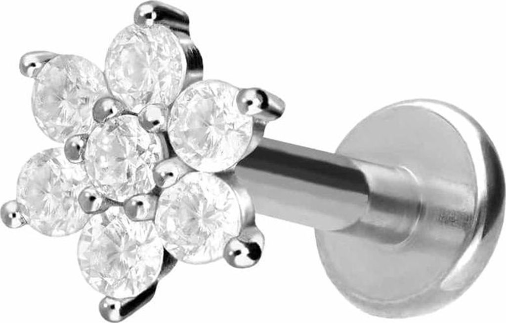 Ohrpiercing, Nasenpiercing Titan Labret mit Innengewinde KRISTALLBLUME Silber Stablänge: 10mm | Stabstärke: 1,6mm