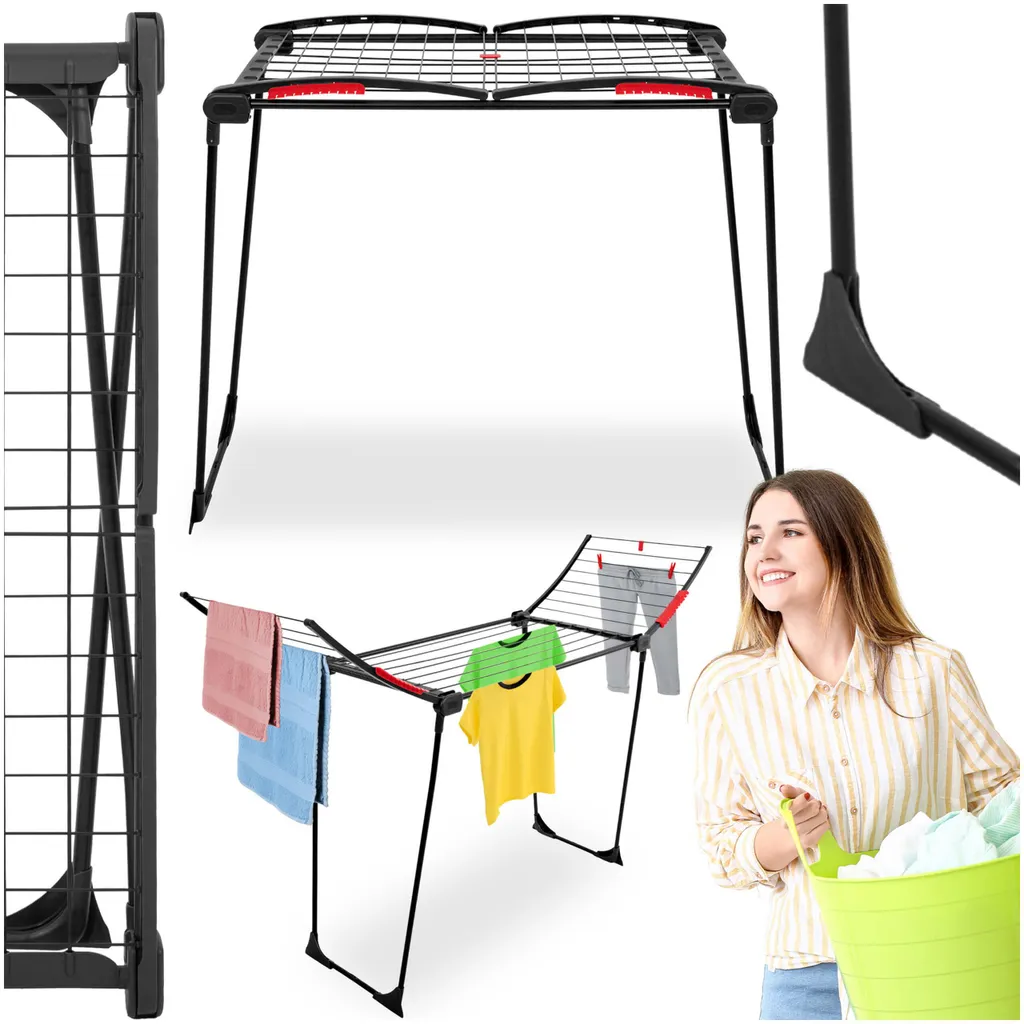 Étendoir à Linge Grand Format 16m Noir - Séchoir Pliable Multi-Positions
