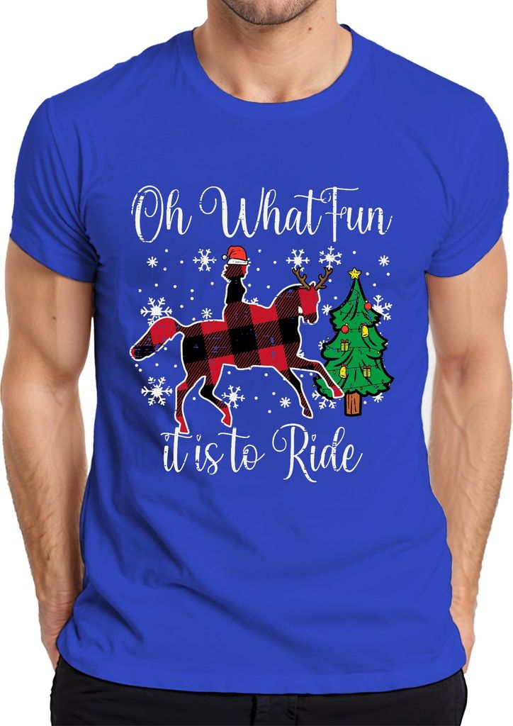 Oh What Fun Tis To Ride Weihnachten Pferd Rentier Buffalo Plaid Herren T-Shirt, Blau, L