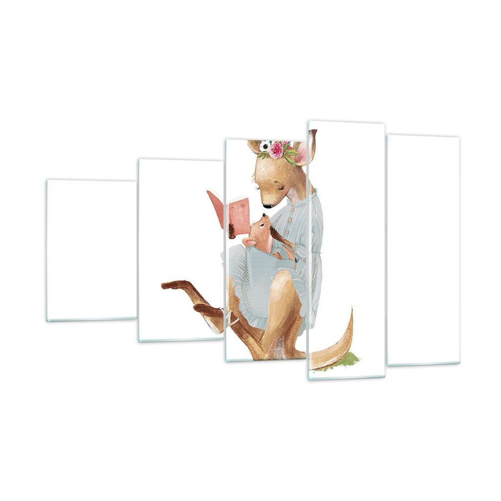 Bilder auf glas - 5 Teile - Känguru Mama Kind - 100x60cm - Glasbilder - Wandbilder - Bilder - zum Aufhängen bereit - Wanddekoration aus Glas - Gl...