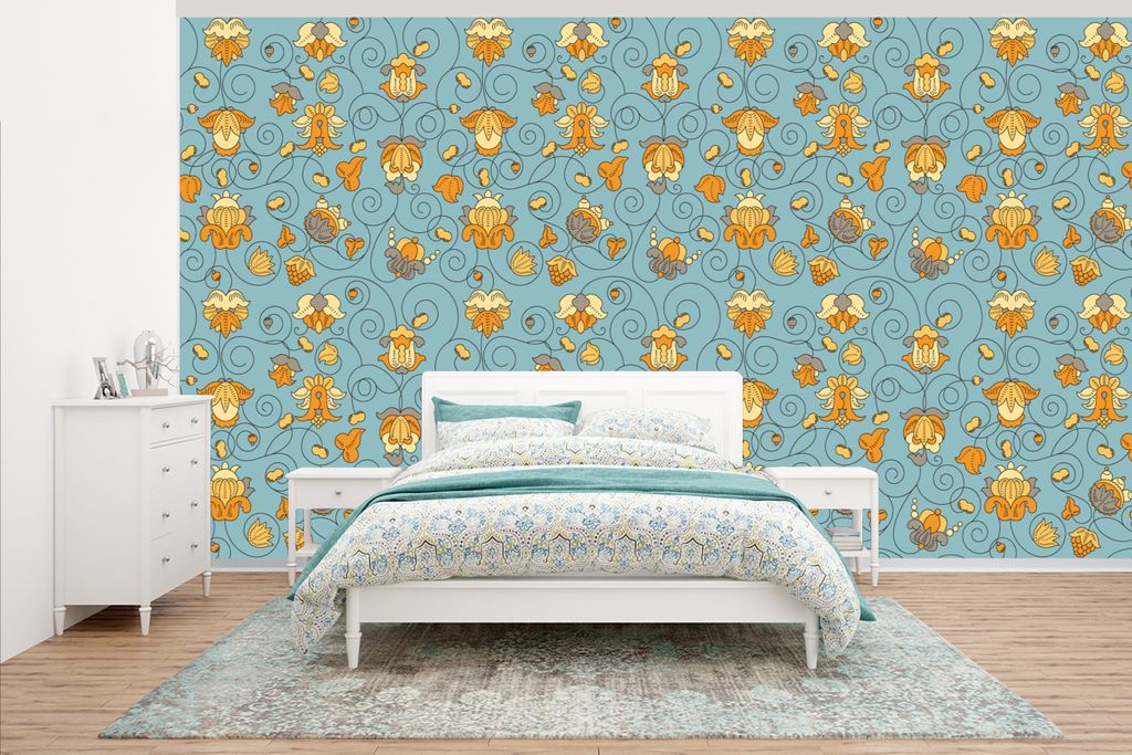 MuchoWow Fototapete für Wohnzimmer oder Schlafzimmer Wandtapete Vinyl Motivtapete Muster - Vintage - Blumen - 500x280 cm - Fototapeten