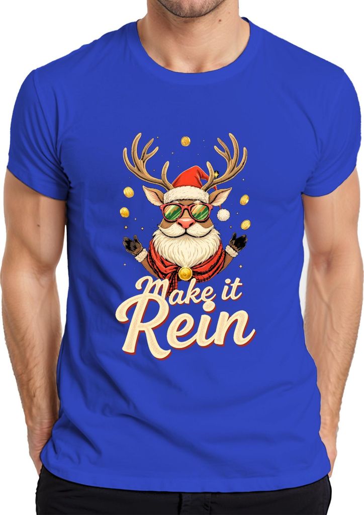 Make it Rein Weihnachtsrentier Sonnenbrille Bart lustig Retro Herren T-Shirt, Blau, XXL