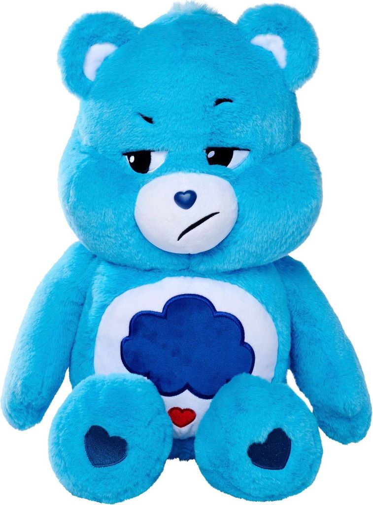 A blue plush toy bear with a grumpy expression, sitting against a white background.