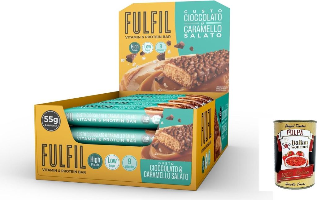 FULFIL - Snackstange mit Vitaminen und Proteinen (15 x 55 g) - Salat & Karamellkaramell - 20 g Protein, 9 Vitamine, niedriger Zuckergehalt + Italia...