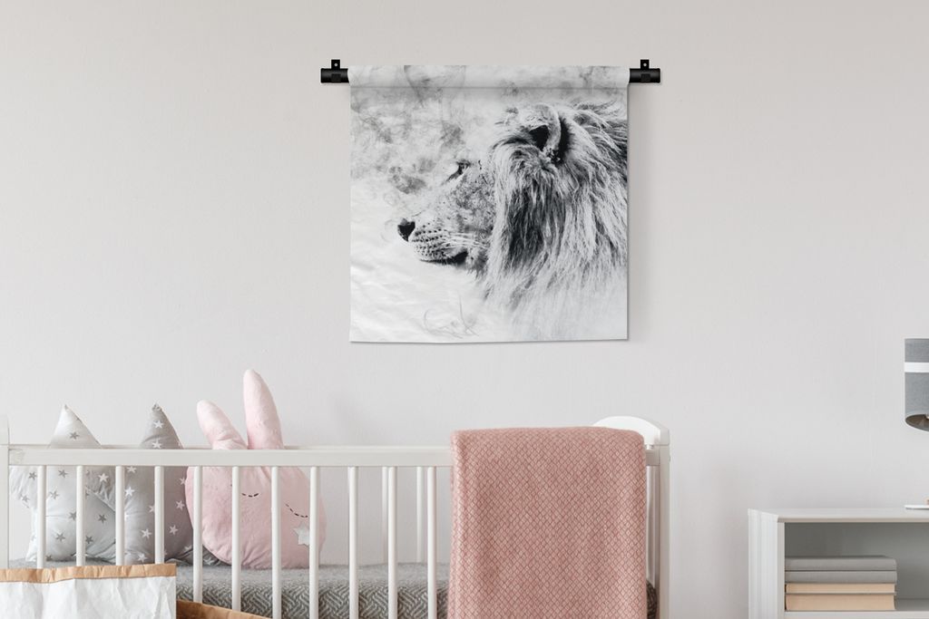 MuchoWow Wandteppich Wandbehang Löwe - Schwarz - Weiß - Linie 60x60 cm Tapisserie Dekoration Wandtuch - Dekorationen - Wand Decke