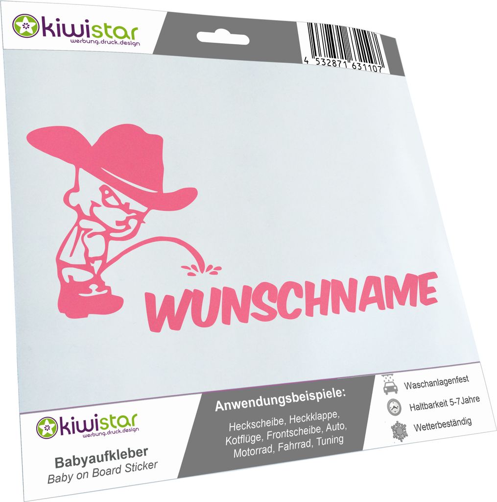Kiwistar - Autoaufkleber - Piss on Wunschname - Cowboy - 60 cm - hellrosa - Pissmännchen - Aufkleber für Auto, Laptop, Fahrrad, LKW, Motorrad Meh...