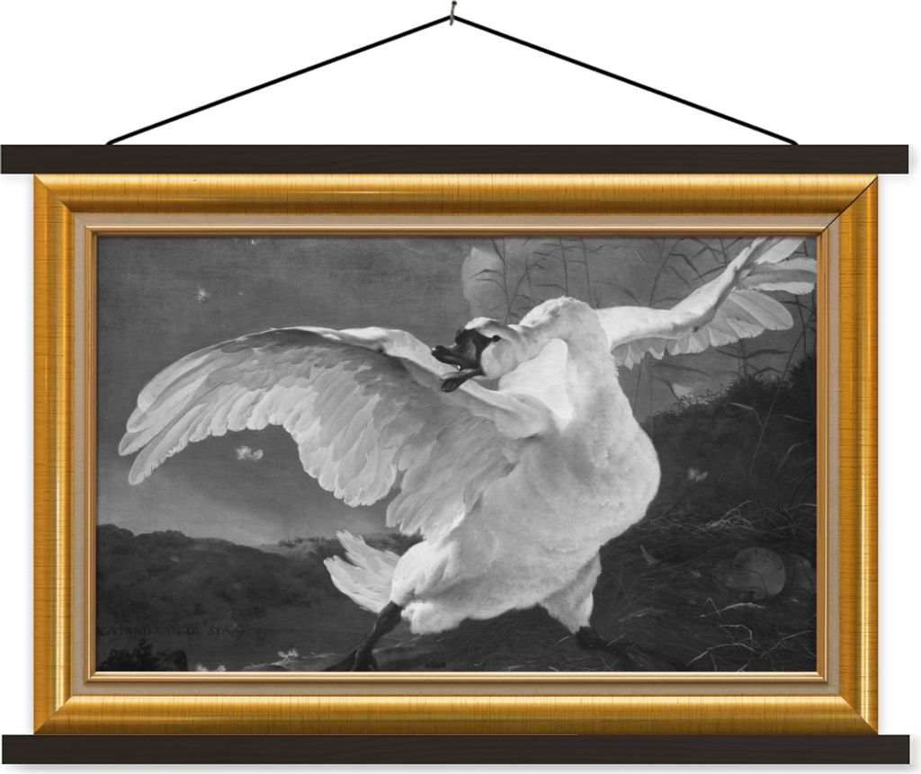 MuchoWow Textilposter Der gefährdete Schwan - Alte Meister - Liste - Gold 90x60 cm mit schwarzem Rahmen - Aufhängungssatz