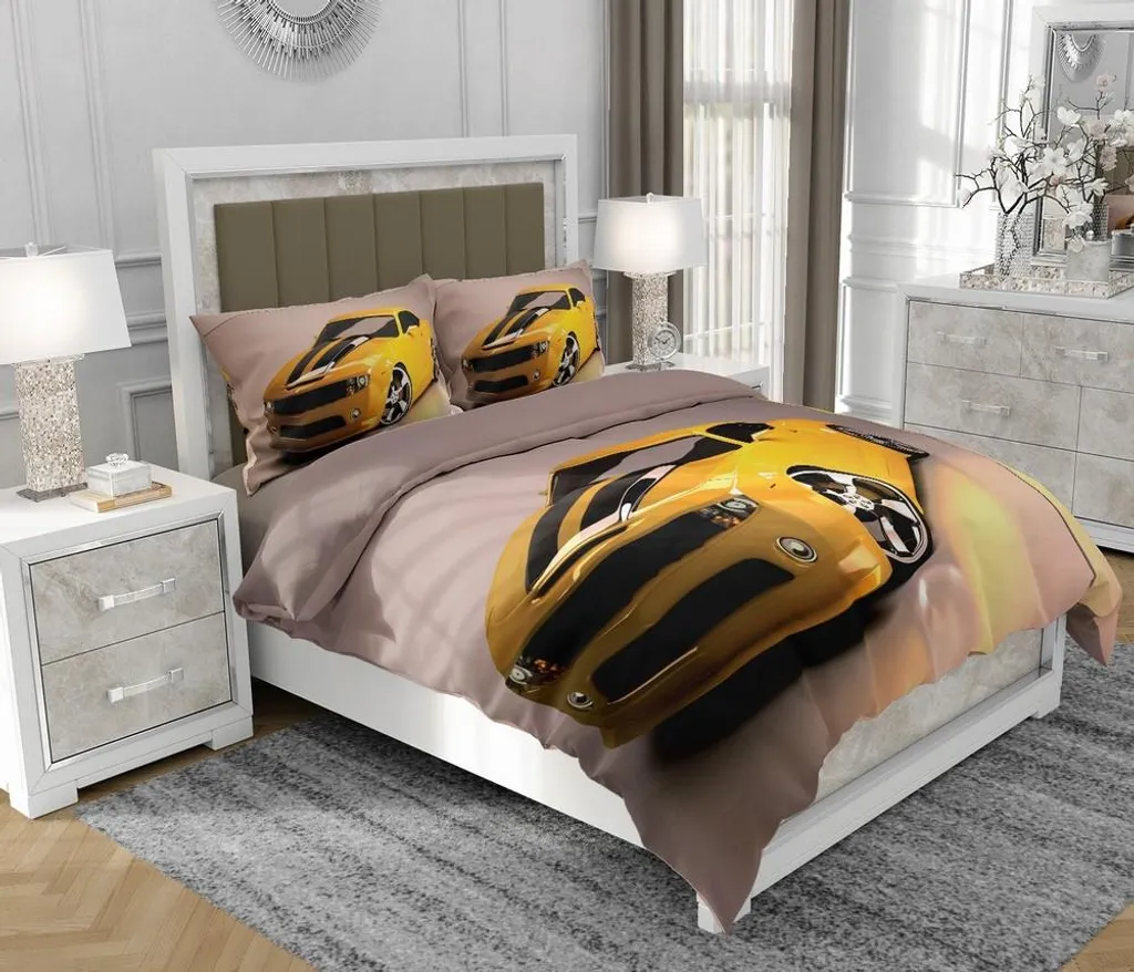 Biancheria da letto 160x200 cm + 2x70x80 cm, set 3 pezzi, 100% cotone, cerniera, auto, giallo - SOVIO | So.0001