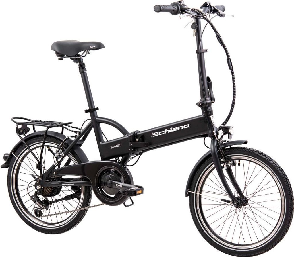 A black folding electric bicycle is shown against a white background.