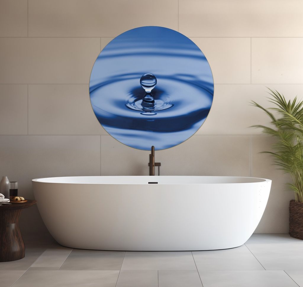 Wallario wasserfestes Poster selbstklebend 90 x 90 cm, Wassertropfen im blauen Wasser, Badezimmerposter Spritzschutz mit Hochglanzoberfläche in Gl...