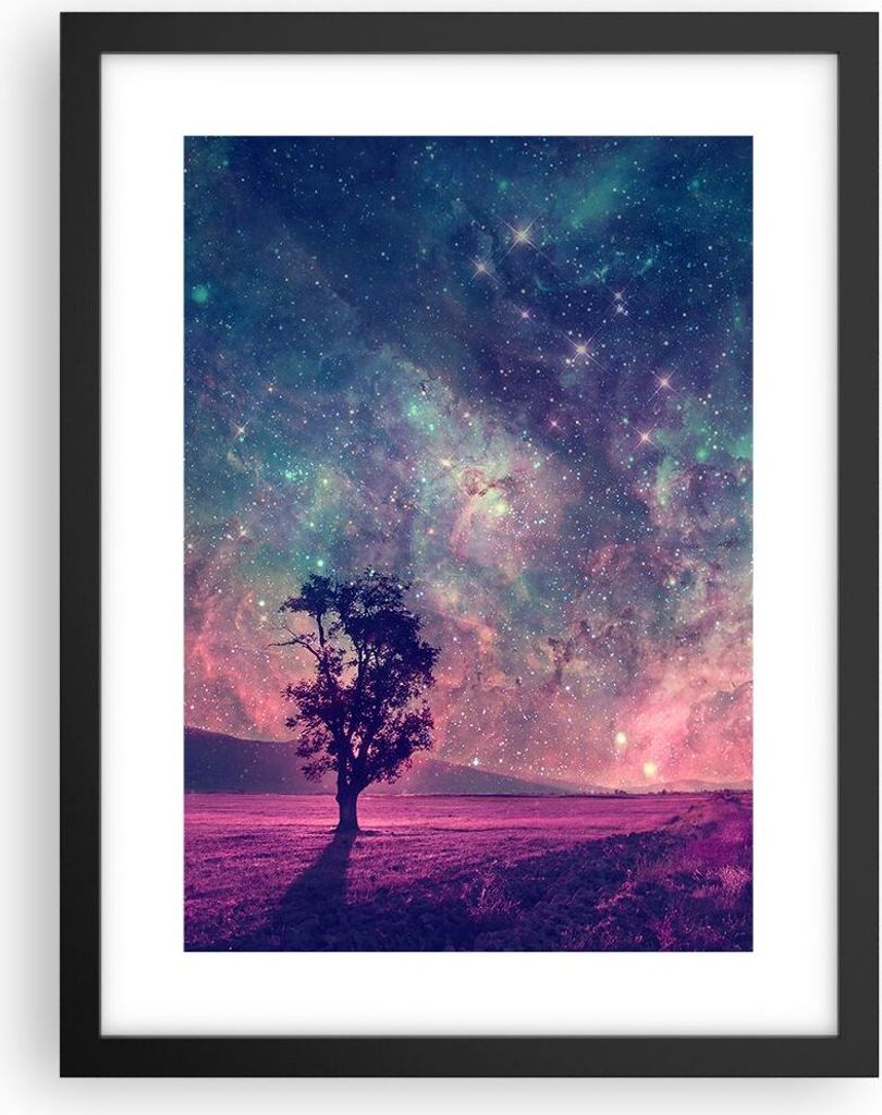 Gerahmtes Poster - Schwarzer Rahmen - Kosmos Baum Wiese - 30x40 cm - Wand Bild - Wanddeko - Wandbilder - Kunstposter - Wandposter - Bilderrahmen - ...