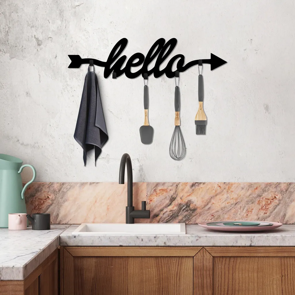 Wallity Hello Décoration Murale en Métal Noir - Patère Design 68x22cm