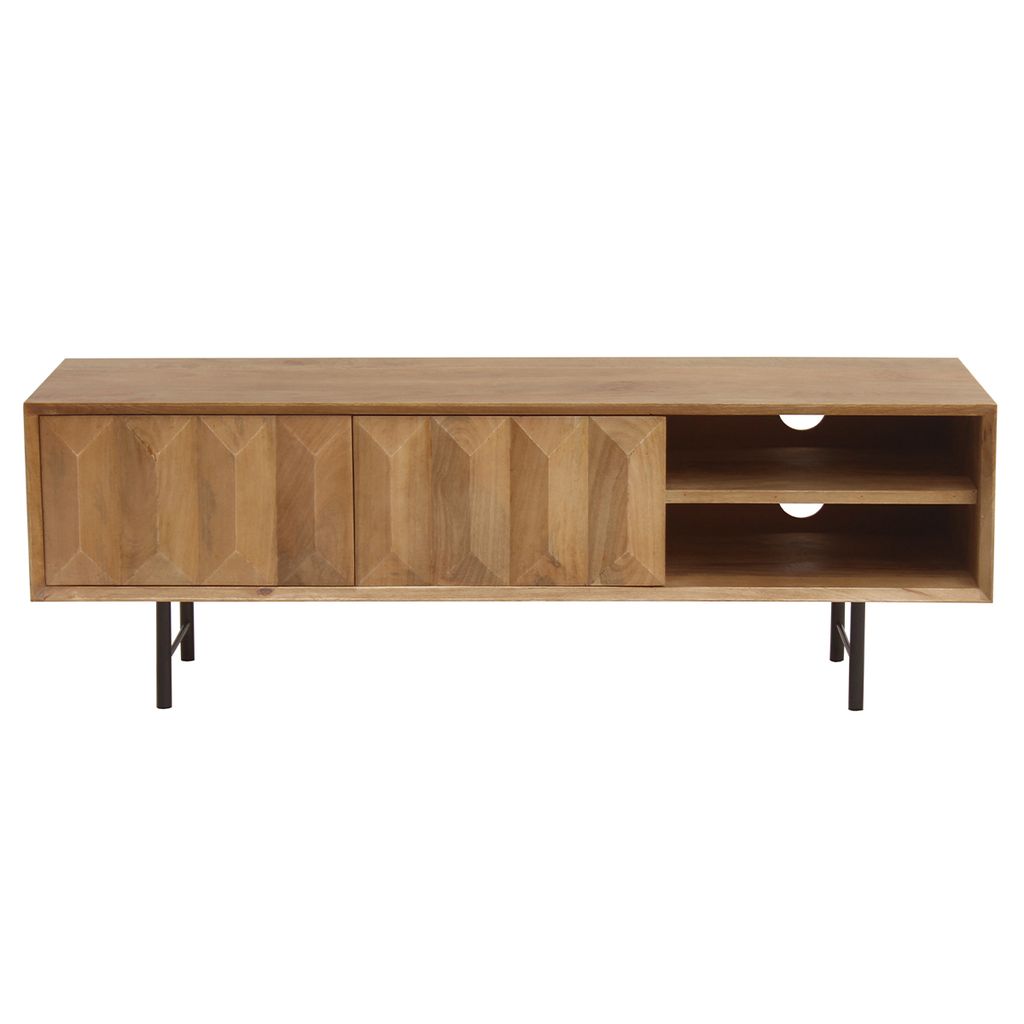 Miliboo - TV-Möbel aus hellem massivem Mangoholz mit Relief und schwarzem Metall B120 cm AGRA