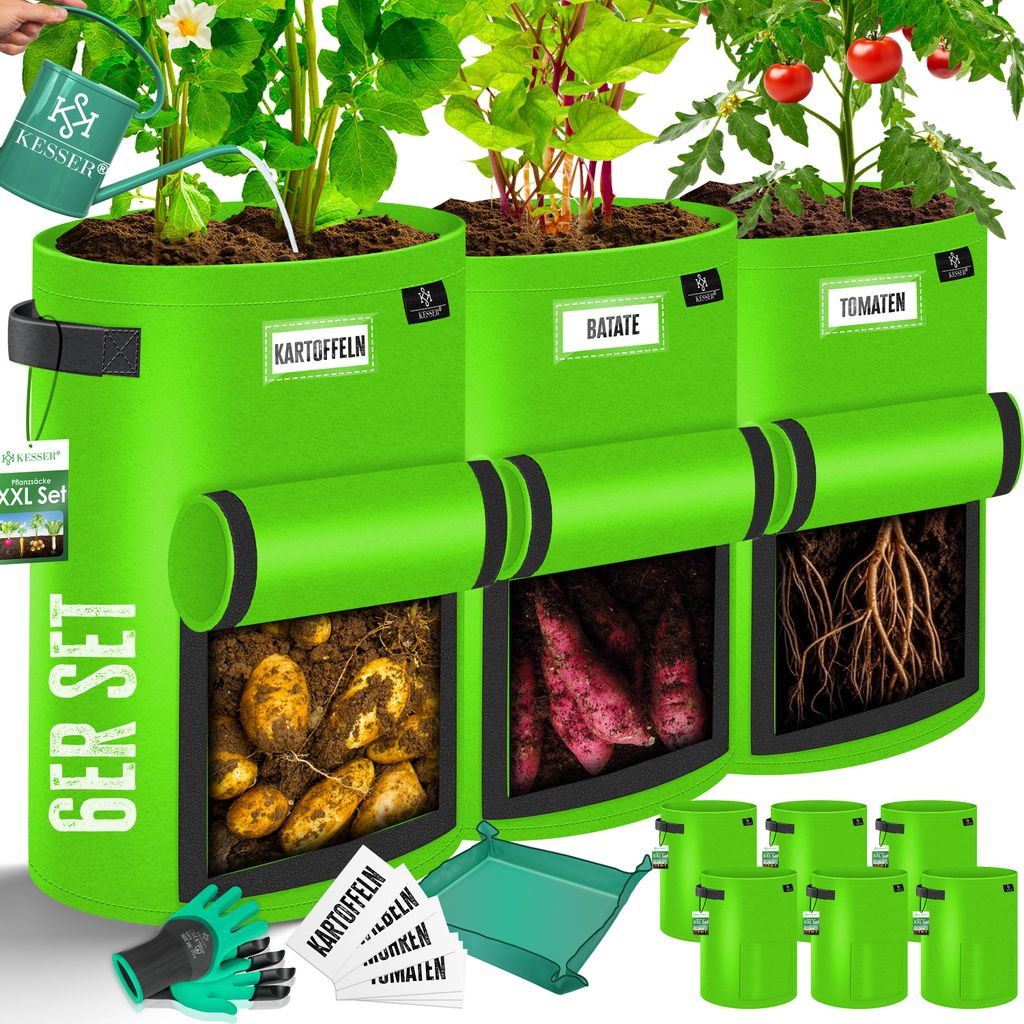 KESSER Kartoffel-Pflanzsack XXL | Kartoffel-Pflanzbeutel aus Vlies mit Namensschildern | Pflanztasche mit Fenster & Griffen | Kartoffelpflanzgefäß