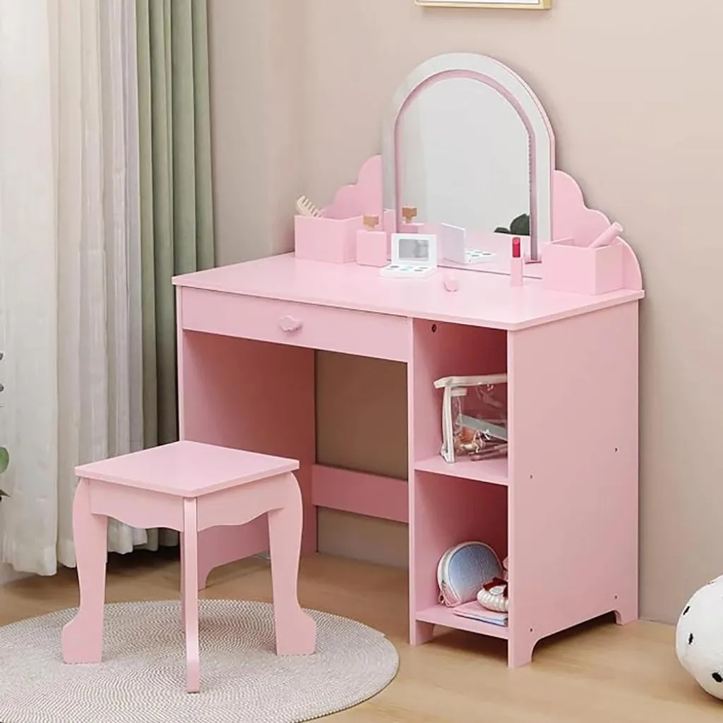 Coiffeuse pour enfants rose avec miroir LED et tabouret - Modèle CF-80