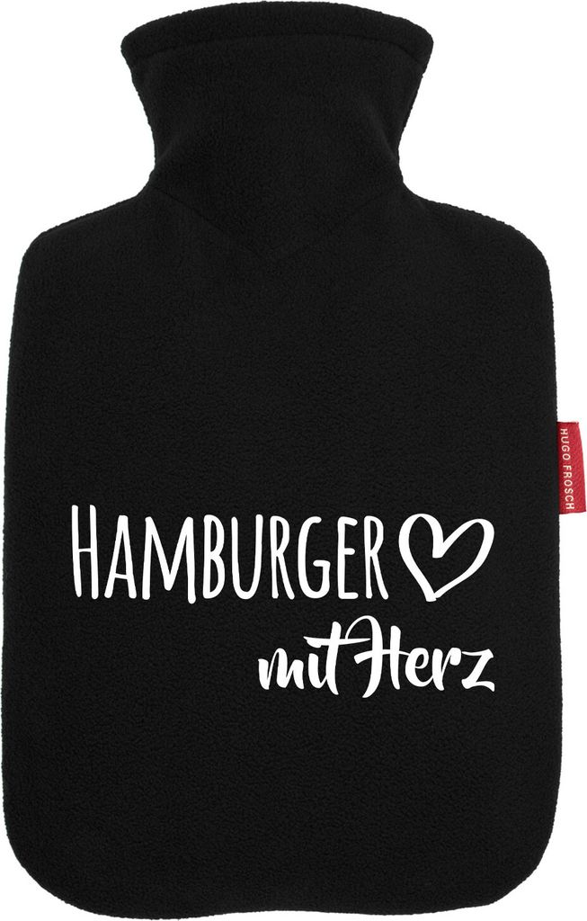 Huuraa Wärmflasche Hamburger mit Herz 1,8 Liter Black Classic Veloursbezug Bettflasche Geschenkidee