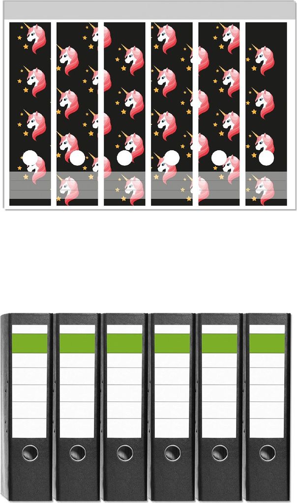 Wallario 6 Stück breite Ordner inkl. Klebeetiketten mit Motive Einhorn Muster - Süße rosa Einhörner mit Sternen - Set mit Rückenschildern / O...