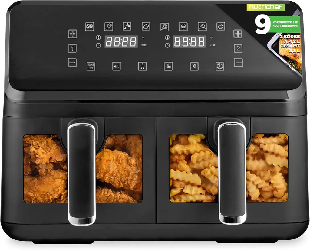 Friggitrice ad aria calda NutriChef Airfryer XL – Friggitrice doppia da 8 litri con 2 cestelli e 9 programmi Lavabile in lavastoviglie, antiaderente, fino a 360 °C, nera