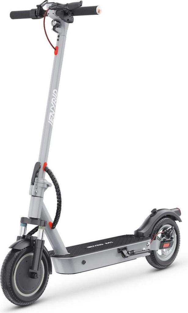 A studio shot of a gray electric scooter against a white background.