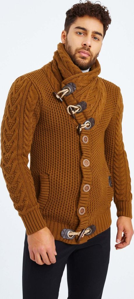 Leif Nelson Schalkragen Herren Strickjacke Schalkragen LN-4195, Camel / S