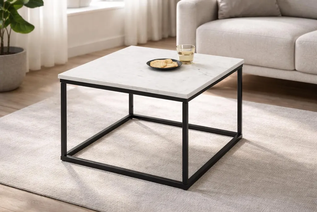 Bout de canapé Samy carré 60x60 cm en marbre blanc et structure noire