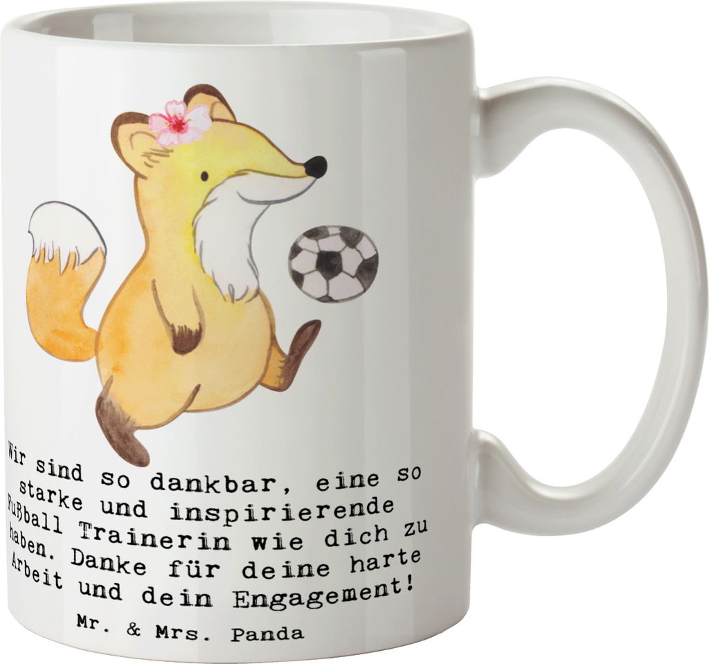 Mr. & Mrs. Panda Kaffeetasse Fußball Trainerin Dankbarkeit - Weiß - Geschenk, Turniere, Tasse, Dankeschön, Trinkbecher, Leidenschaft, Becher, st...