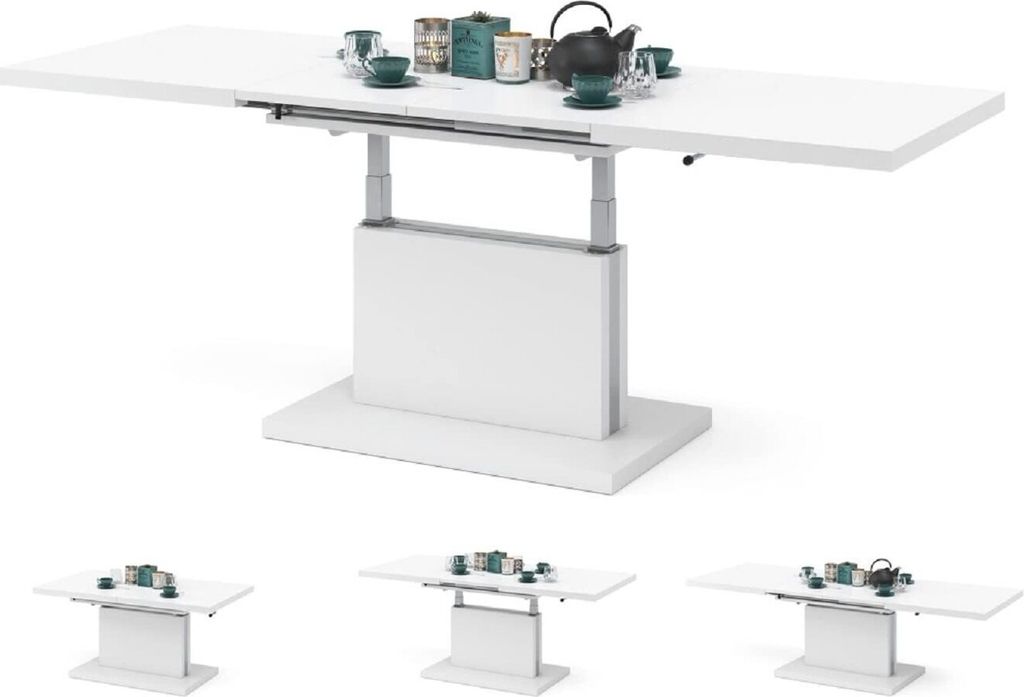 A white adjustable coffee table is shown in various configurations with decorative items on top. Three smaller images below show the table at different sizes.