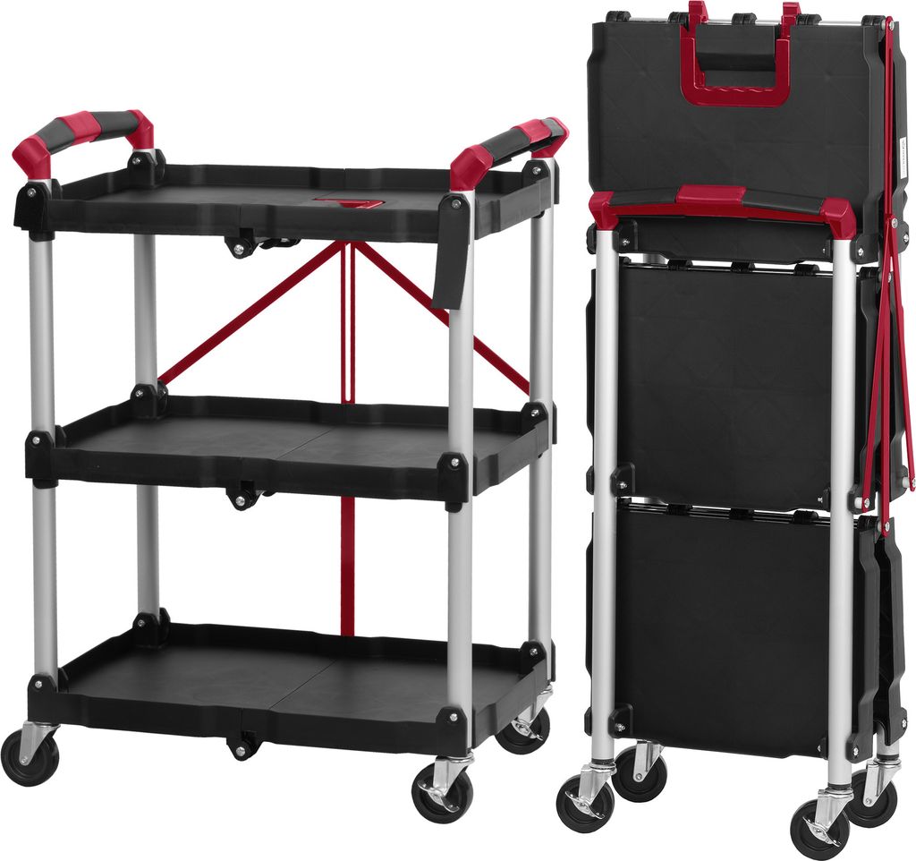 A product shot of a foldable serving cart in both its open and folded states, presented against a white background.
