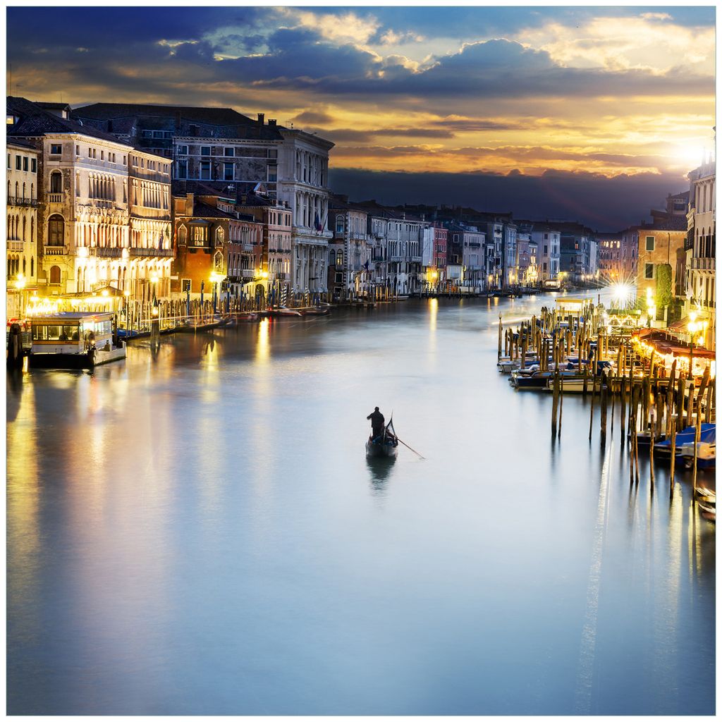 Wallario Wandbild aus Acryl, 50 x 50 cm, freischwebende Optik - Canal Grande in Venedig am Abend mit untergehender Sonne