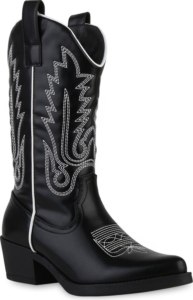VAN HILL Damen Stiefel Cowboystiefel Stickereien Boots Spitze Schuhe 839883, Farbe: Schwarz Weiß, Größe: 36