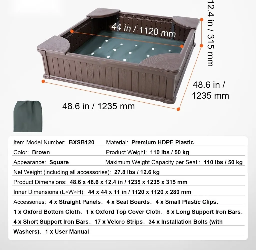 Bac à sable robuste 123cm avec assises intégrées et bois traité extérieur - 7