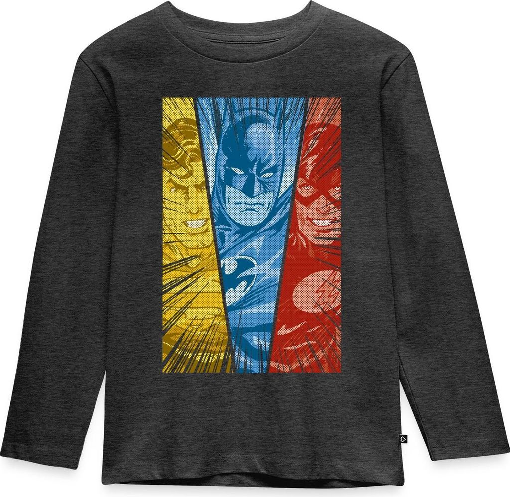 Spreadshirt DC Comics Justice League Superman Batman Flash Kinder Premium Langarmshirt, 134/140 (8 Jahre), Anthrazit meliert