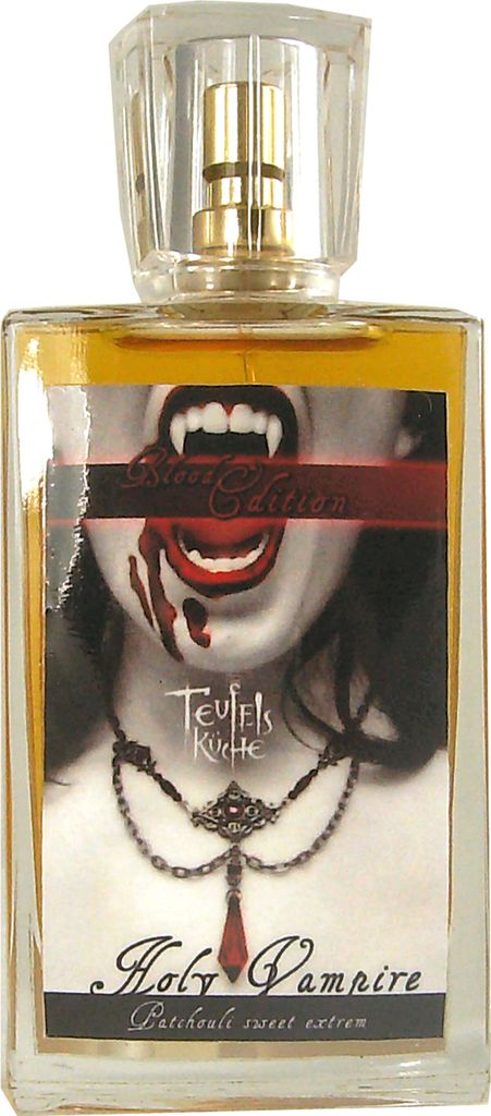 A bottle of perfume with a label featuring a vampire's mouth and fangs.