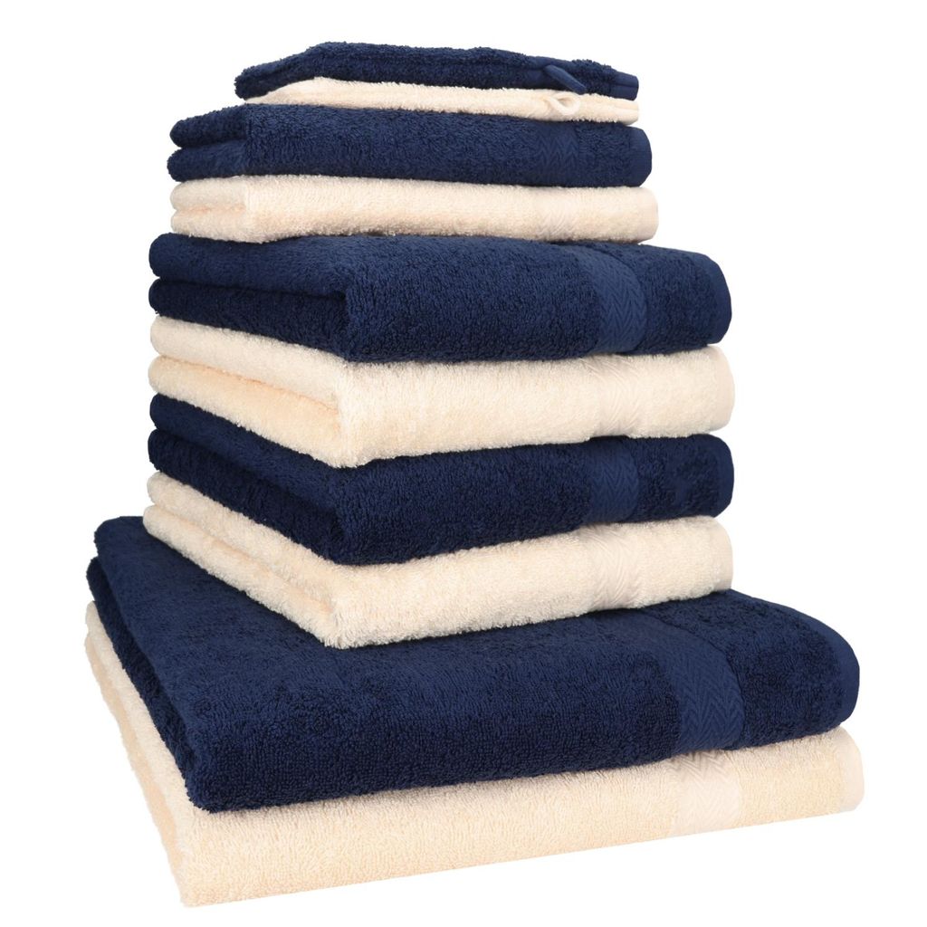 Betz 10-tlg. Handtuch-Set PREMIUM 2 Duschtücher 4 Handtücher 2 Gästetücher 2 Waschhandschuhe Farbe: dunkel blau & beige
