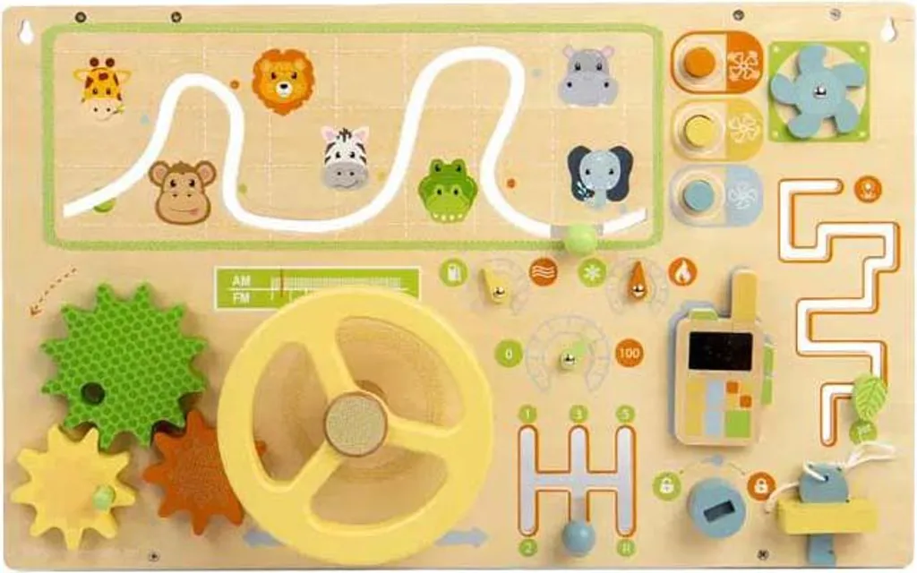 Tableau d'activités en bois Jungle pour occuper bébé et stimuler ses sens