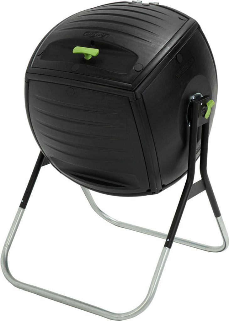 A black compost tumbler on a silver stand against a white background.