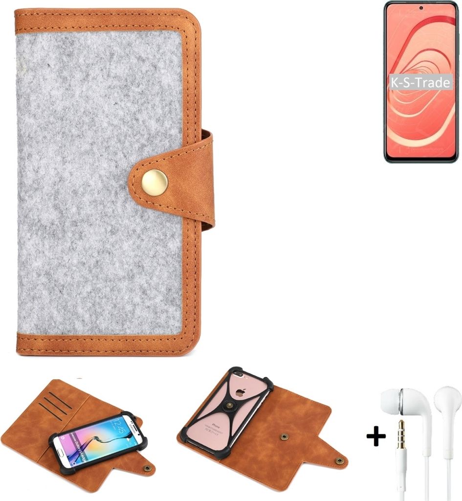 K-S-Trade Handyhülle + Kopfhörer kompatibel mit Xiaomi Redmi Note 10 Schutzhülle Filz Hülle Kunstleder hellgrau braun (1x)