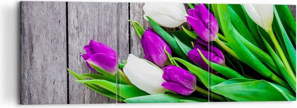 Bild auf Leinwand - Leinwandbild - Tulpen Holz Blumenstrauß Blumen - 120x40cm - Wand Bild - Wanddeko - Leinwanddruck - Bilder - Kunstdruck - Leinw...